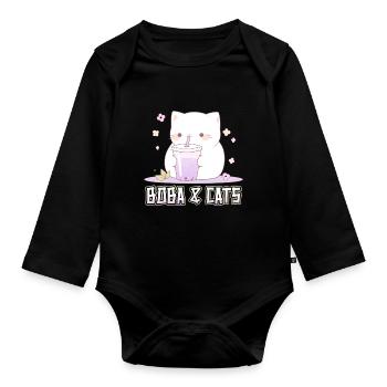 Boba and Cats Katze die Bubble Tee Mädchen Anime - Baby Bio-Langarm-Body - Schwarz - Vorne