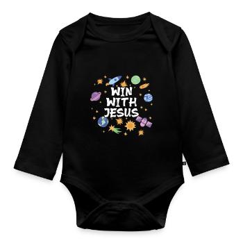 Holiday Bible School Crew Win with Jesus - Organic Longsleeve Baby Bodysuit - black - Front
