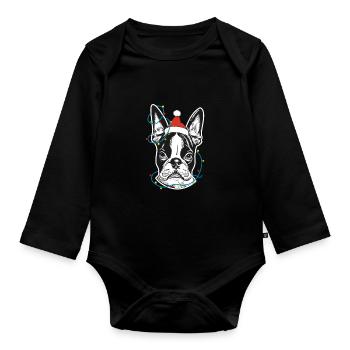 Boston Terrier Père Noël Lumière de l’arbre de Noël - Body Bébé bio manches longues - noir - Devant