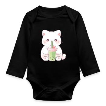 Boba and Cats Katze die Bubble Tee trinkt Anime - Baby Bio-Langarm-Body - Schwarz - Vorne