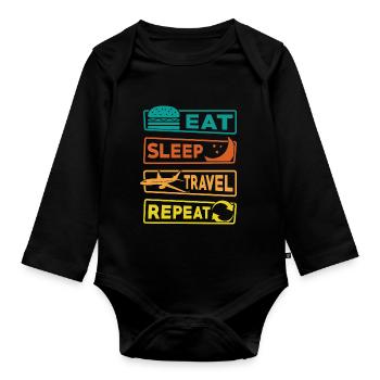 Reisen Urlaub Spruch Eat Sleep Travel Repeat - Baby Bio-Langarm-Body - Schwarz - Vorne