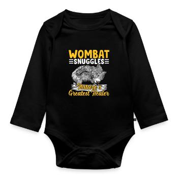Wombat cuddles with Australian animals owner - Organic Longsleeve Baby Bodysuit - black - Front