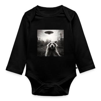 Funny Frightened Raccoon Selfie UFO Alien - Organic Longsleeve Baby Bodysuit - black - Front