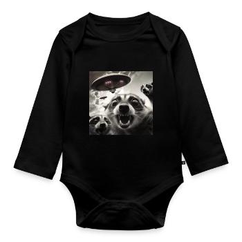Funny Frightened Raccoon Selfie UFO Alien - Organic Longsleeve Baby Bodysuit - black - Front