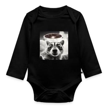 Funny Frightened Raccoon Selfie UFO Alien - Organic Longsleeve Baby Bodysuit - black - Front
