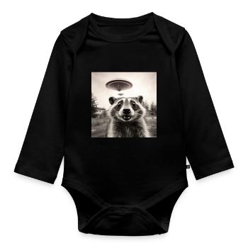 Funny Frightened Raccoon Selfie UFO Alien - Organic Longsleeve Baby Bodysuit - black - Front