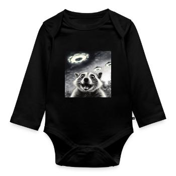 Funny Frightened Raccoon Selfie UFO Alien - Organic Longsleeve Baby Bodysuit - black - Front