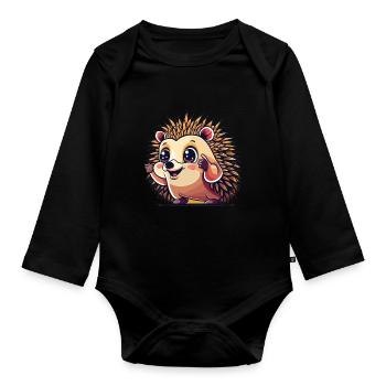 Mignon hérisson de dessin animé dans une pose joyeuse - Body Bébé bio manches longues - noir - Devant