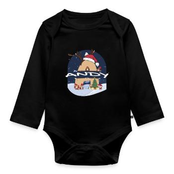 Awesome Andy Name w Santa Hat in Xmas Theme - Organic Longsleeve Baby Bodysuit - black - Front