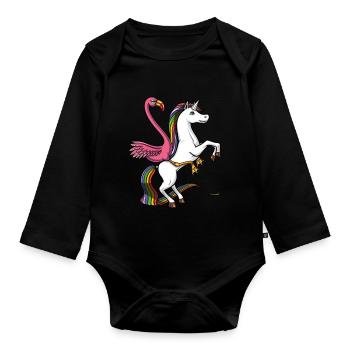 Flamingo Bird Riding Licorne magique - Body Bébé bio manches longues - noir - Devant
