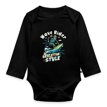 Lustiger Surfer, Der Skelett-strand-stoke-brandung - Baby Bio-Langarm-Body - Schwarz - Vorne