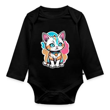 Kawaii Aquarell Katze - Baby Bio-Langarm-Body - Schwarz - Vorne