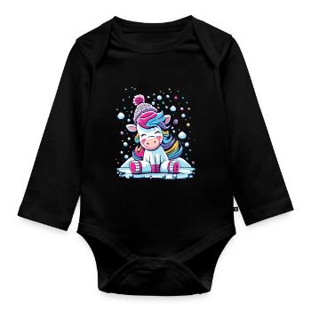 Licorne enchantée enneigée - Neige brillante festive - Body Bébé bio manches longues - noir - Devant