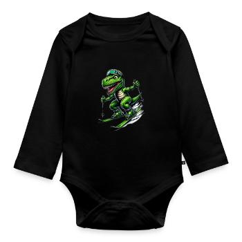 Dinosaurier auf Ski - Lustiger Ski-Dinosaurier - Baby Bio-Langarm-Body - Schwarz - Vorne