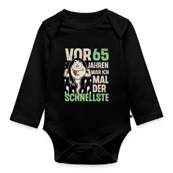 65. Geburtstag 65 Jahre War Ich Mal Der Schnellste - Baby Bio-Langarm-Body - Schwarz - Vorne