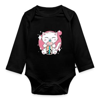 Kawaii Bubble Tea Katze Boba Milch - Baby Bio-Langarm-Body - Schwarz - Vorne
