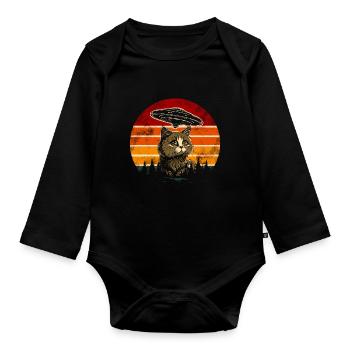 Lustige Katzen -Selfie Ufos Alien Spaceship Kitty - Baby Bio-Langarm-Body - Schwarz - Vorne