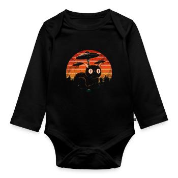 Lustige Katzen -Selfie Ufos Alien Spaceship Kitty - Baby Bio-Langarm-Body - Schwarz - Vorne
