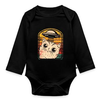 Lustige Katzen -Selfie Ufos Alien Spaceship Kitty - Baby Bio-Langarm-Body - Schwarz - Vorne