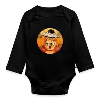 Lustige Katzen -Selfie Ufos Alien Spaceship Kitty - Baby Bio-Langarm-Body - Schwarz - Vorne