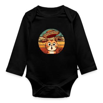 Lustige Katzen -Selfie Ufos Alien Spaceship Kitty - Baby Bio-Langarm-Body - Schwarz - Vorne