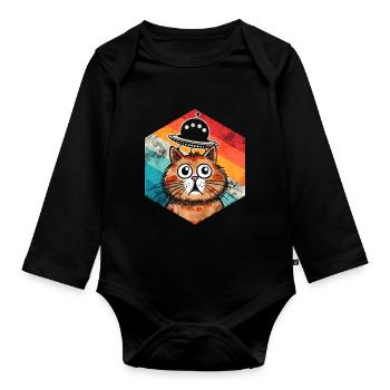 Lustige Katzen -Selfie Ufos Alien Spaceship Kitty - Baby Bio-Langarm-Body - Schwarz - Vorne