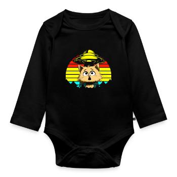Lustige Katzen -Selfie Ufos Alien Spaceship Kitty - Baby Bio-Langarm-Body - Schwarz - Vorne