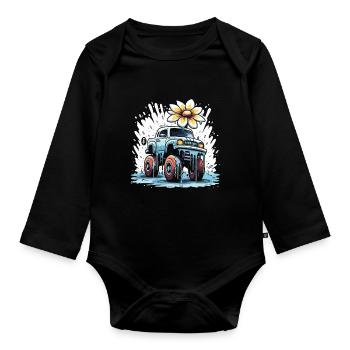 Ein bunter Flower Power Monstertruck - Baby Bio-Langarm-Body - Schwarz - Vorne
