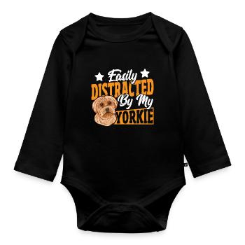 Facilement distrait par mon Yorkie Yorkshire - Body Bébé bio manches longues - noir - Devant