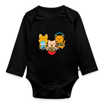 Chat Boba Thé Bubble Tea Gaming Gamer Ramen Anime - Body Bébé bio manches longues - noir - Devant