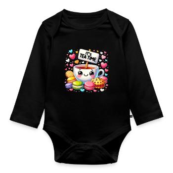 Thé Kawaii Mignon Amateur de Thé Cookie Gâteau Tea Time - Body Bébé bio manches longues - noir - Devant
