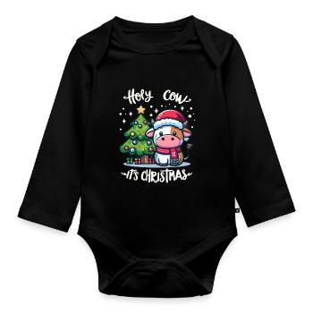 Cute cow celebrates Christmas with gifts - Organic Longsleeve Baby Bodysuit - black - Front