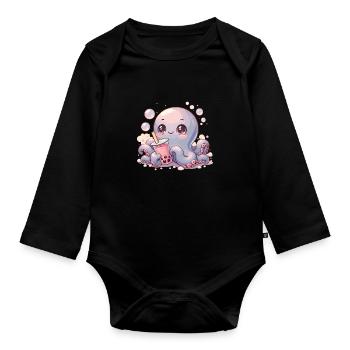 Octopus Drinking Bubble Tea kawaii Boba Octopus - Organic Longsleeve Baby Bodysuit - black - Front
