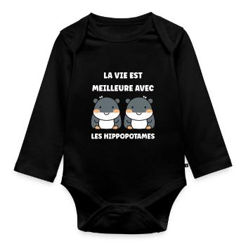 amour petit hippopotame - Body Bébé bio manches longues - noir - Devant