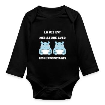 amour petit hippopotame - Body Bébé bio manches longues - noir - Devant