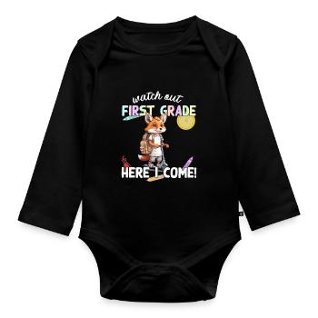 Fox First Day of School with Scooter Funny Saying - Organic Longsleeve Baby Bodysuit - black - Front