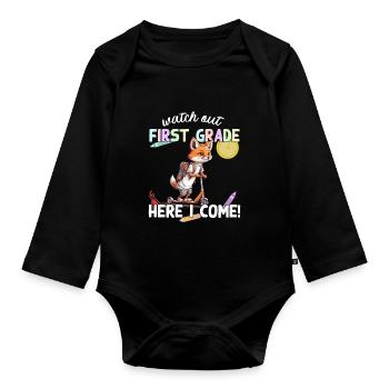 Fuchs Schulkind Einschulung mit Roller zur Schule - Baby Bio-Langarm-Body - Schwarz - Vorne
