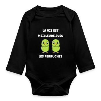 Oiseaux perruches humour petite perruche - Body Bébé bio manches longues - noir - Devant
