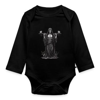 Grim Reaper Bodybuilder Deadlift Spaß - Baby Bio-Langarm-Body - Schwarz - Vorne