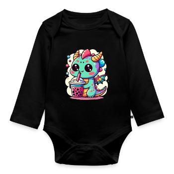 Boba Tee Drache Kawaii - Baby Bio-Langarm-Body - Schwarz - Vorne