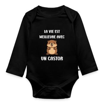 Humour petit castor - Body Bébé bio manches longues - noir - Devant