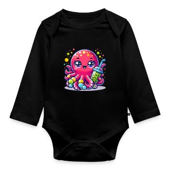 Kawaii Octopus With Bubble Tea Sea Ocean Boba Tea - Organic Longsleeve Baby Bodysuit - black - Front