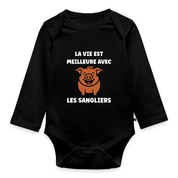 Humour petit sanglier - Body Bébé bio manches longues - noir - Devant