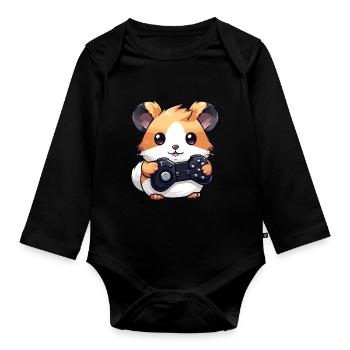 Cute Hamster Gamer Funny Gaming Hamster - Organic Longsleeve Baby Bodysuit - black - Front