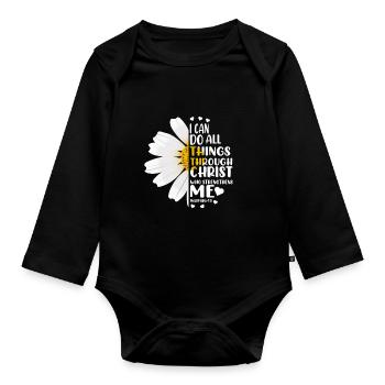 Je peux tout faire à travers la fleur de marguerite du Christ - Body Bébé bio manches longues - noir - Devant