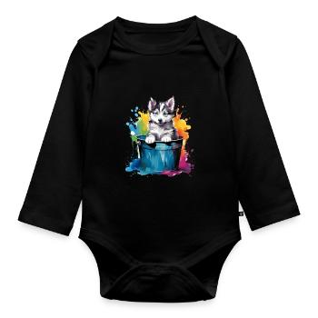 Siberian Husky Niedlicher Hund Farbeimer - Baby Bio-Langarm-Body - Schwarz - Vorne