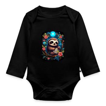 Faultier Niedliches Tier Floraler Nachthimmel - Baby Bio-Langarm-Body - Schwarz - Vorne