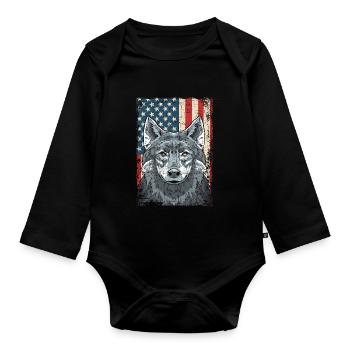 Wolf 4th of July American Flag Howling Wolves - Organic Longsleeve Baby Bodysuit - black - Front