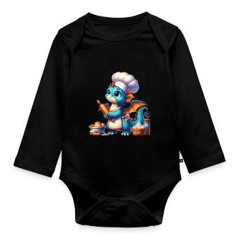 Drachen-Bäcker, Drachen-Konditor, backender Drache - Baby Bio-Langarm-Body - Schwarz - Vorne