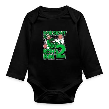 2nd Birthday, 2 Year Old Dinosaur Dino - Organic Longsleeve Baby Bodysuit - black - Front